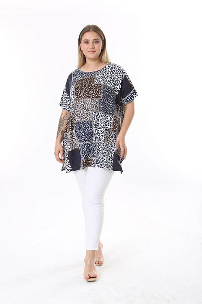 XL Modam Large Size Navy Blue Tunic - Multicolored and Side Slit