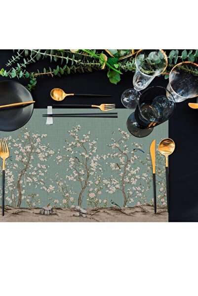 Adawall Green Bird Garden Fabric American Service Set of 4 35X50Cm (Ulusl. Washing and Fade Resistance Certificate)