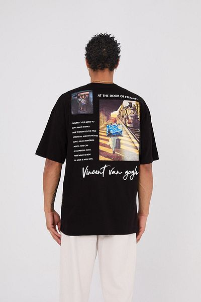Saw Urbanity Black Oversize T-shirt Vincent Van Gogh On the Door of Eternity with Train Printed Applique Back Printed