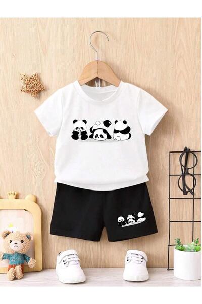 NoVibe Σετ 3 Παιδικά T-Shirts & Shorts με στάμπα Panda - 100% βαμβάκι