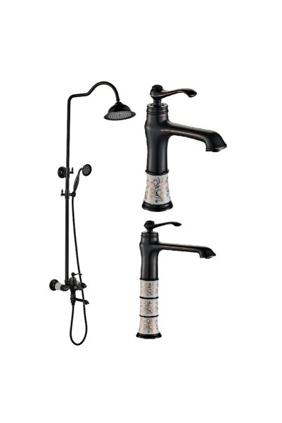 Victoria Porselen Desenli Kare Syah Lavabo + Eviye Mutfak + Duş Seti