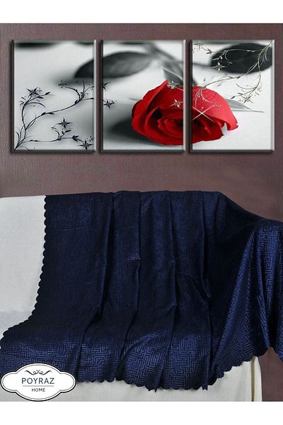 POYRAZ Shiny Patterned Chenille Navy Blue Double Sided Sofa Sofa Bed Cover Shawl
