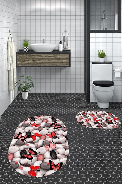 EY HOME Set de scaune de toaletă ovale, lavabile, cu model de fluture, 3D, lavabile, OKLZT-44-RED,