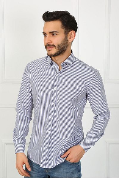 SAMSA Ανδρικό πουκάμισο από βαμβακερό ριγέ Slim Fit Easy-Iron
