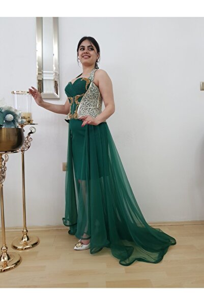 FERGAN Kadın Yeşil Arka Tül Kuyruklu Tasarım Abiye