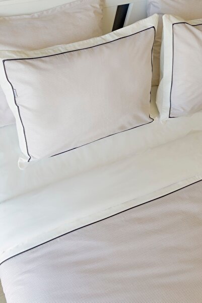 RİTMOHOME Off White Beige Striped Black Piping Cotton Plain Hotel Series Double Duvet Cover Set