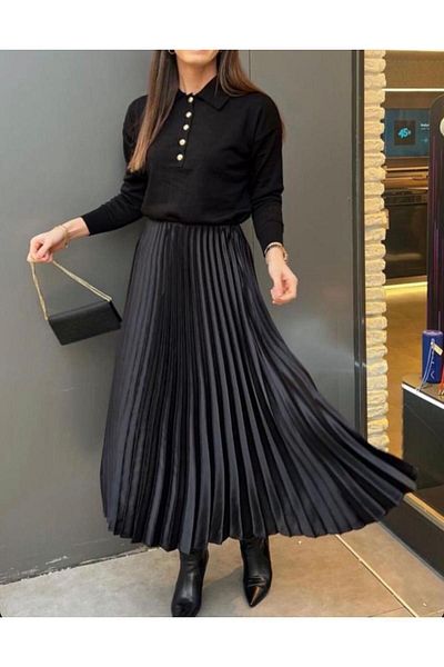 Blackram Fusta de damă neagră plisată cu talie midi, din satin elastic ascuns