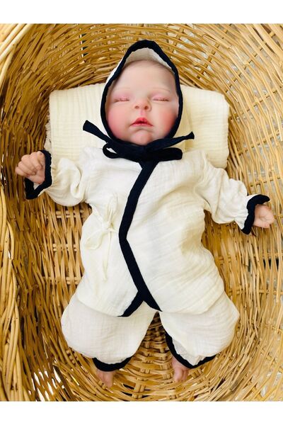 esilaaaksesuar Newborn Muslin 3-Piece - Kimono Lace-up Wrap Cotton Bodysuit Set (WITH GLOVES GIFT)