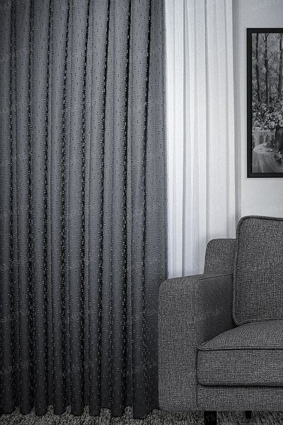 MARİTSA Smoke Colored Linen Series - Gramaged Pompom Pattern, Single Wing Curtain (1x3)