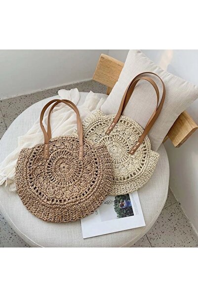 TOM COMPANY Vizon Renk Dantel Model Yuvarlak El Yapımı Kağıt Ip Örgü Omuz Çantası | Plaj - Yazlık - Hediyelik