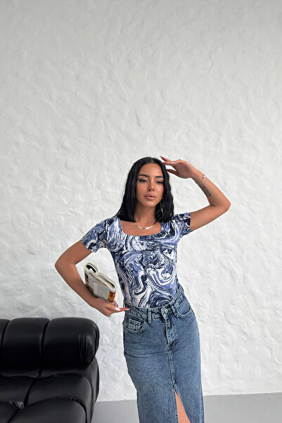 LACHT Γυναικεία κοντομάνικη τετράγωνη λαιμόκοψη Νέας σεζόν Μπλούζα βισκόζης με μοτίβο κυμάτων