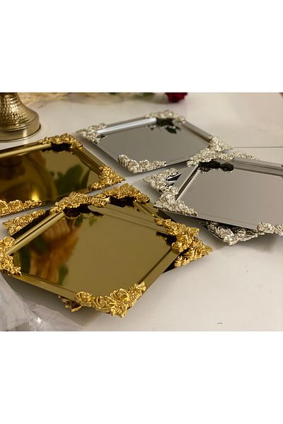 Mineli-Aşk Gold and Silver Color Square 6 Pieces Presentation Table with Four Corner Accessories