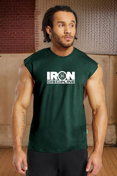 BESSA Men's Oversize Cotton Sleeveless T-shirt - Iron Discipline Printed, Crew Neck Tank Top