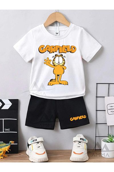 AMMA Garfield Printed Kids T-Shirt and Shorts Set - White Black, 100% Cotton