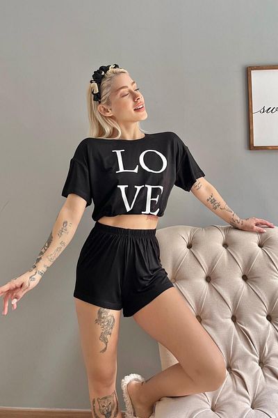 Pijamaevi Love Printed Crop Knitted Short Sleeve Pajama Set with Shorts