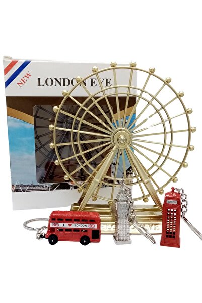 Dünyadan Hediyeler İngiltere Londra Dönme Dolap Otobüs Telefon Kulübesi ve Big Ben Anahtarlık Dörtlü Paket