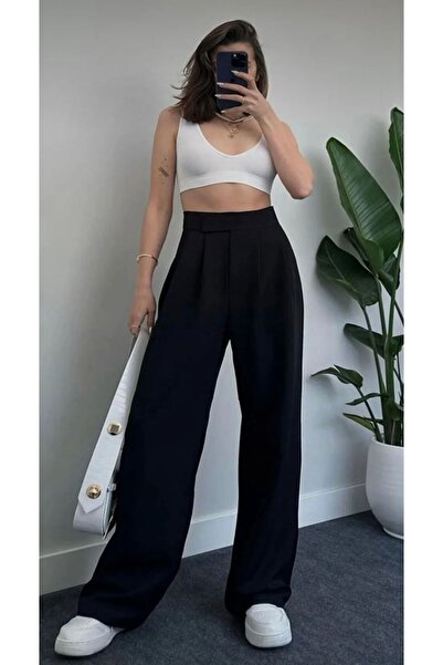 Nuvaze Pantaloni largi din lână paca plisați buzunare Palazzo Velcro