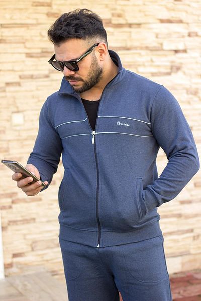 Azıcık Akıllı Σετ ανδρικής φόρμας με φερμουάρ Indigo Stand-up Collar Κέντημα με λεπτομέρεια άνετη εφαρμογή 21eestbbkt