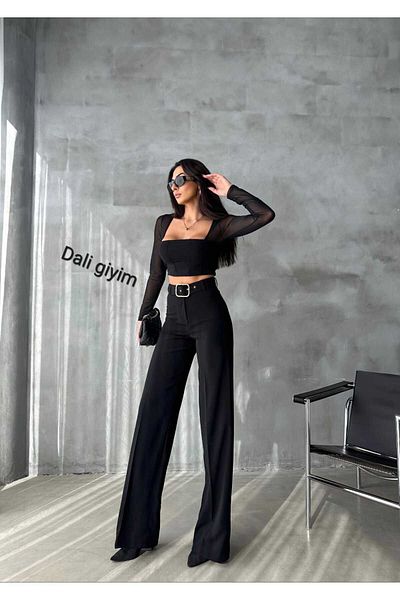 Dali Giyim Full Lycra Crepe Palazzo Trousers with Yellow Buckle Belt - Wide Leg Black
