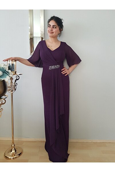 FERGAN kadın mor simli yarım kol abiye elbise