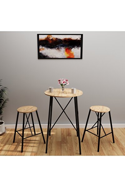 eportatif Atlantik Çam Bar Taburesi Seti Masası Mutfak Oval 2 Kişilik Yemek M...