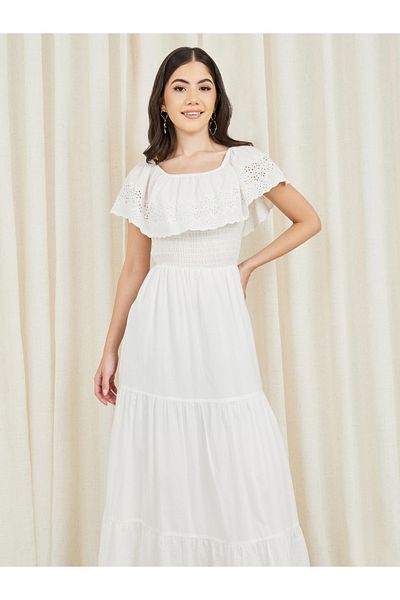 Styli Broderie Layer Smocked Detail Tiered Maxi Dress