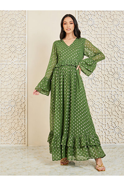 Styli فستان لوركس دوبي طويل بطبقة كشكش على شكل حرف A