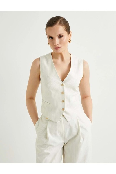 Koton Μπεζ ριγέ γιλέκο με διπλό στήθος - τσέπη με κουμπιά και φανέλα, λαιμόκοψη V 4SAK20099UW