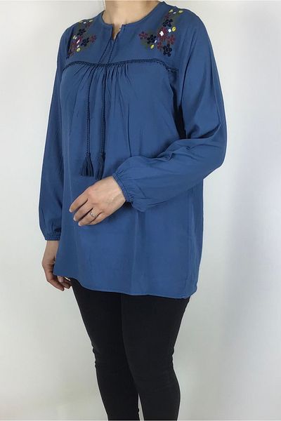 ECE GİYİM Γυναικεία μπλούζα Viscose - Λεπτομέρεια κεντήματος με γιακά με κορδόνια και ελαστικά μανίκια