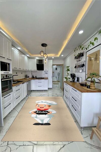 EY HOME Kitchen Yazılı Aşçı Motifli Kaymaz Taban Yıkanabilir Yolluk Mutfak Ha...