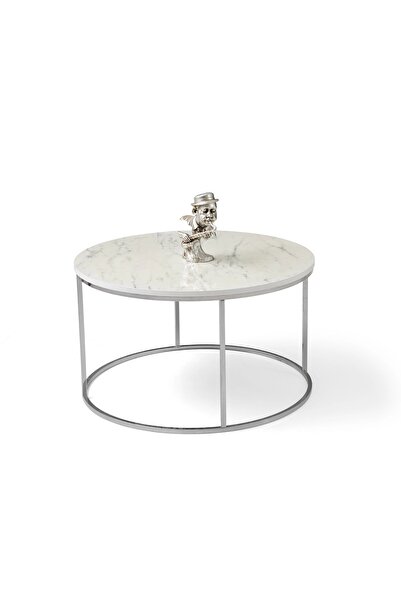 Evistro Ahşap Parlak Lake Orta Sehpa Metal Krom Ayaklı Mermer Desenli