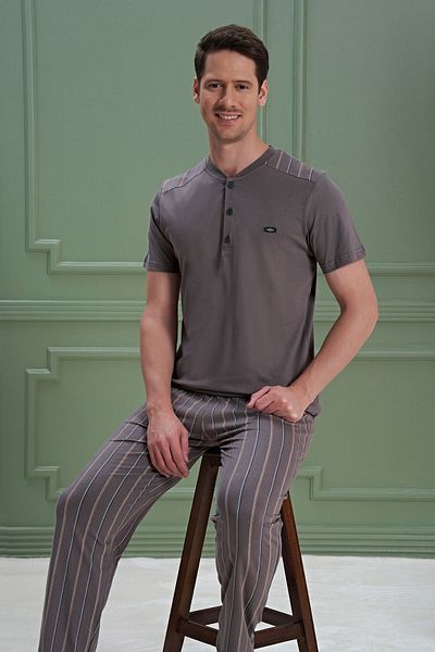 MEBA Over Sleep Seasonal Short Sleeve Collar Buttoned Dowry Smoked Combed Cotton Pajamas Set1073