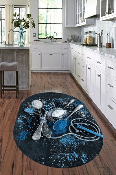 Napoli Home 3D Dijital Baskılı Kaymaz Yıkanabilir Renkli Modern Oval Mutfak Halısı, N-O-MUTFAK-19-MAVİ,