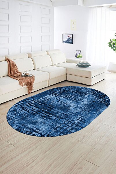 Napoli Home Dijital Baskılı Kaymaz Taban Yıkanabilir Sade Oval Yolluk Mutfak Salon Halısı, N-O-SADE-16-MAVİ,