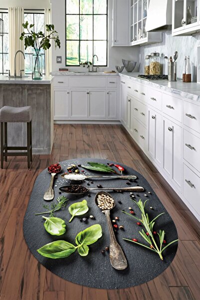 Kilimteks 3D Dijital Baskılı Kaymaz Yıkanabilir Renkli Modern Oval Mutfak Halısı, N-O-MUTFAK-27-RENKLİ,