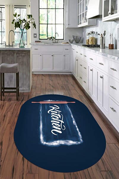 Kilimteks Dijital Baskılı Kaymaz Yıkanabilir Kitchen Yazılı Oval Mutfak Halısı, N-O-MUTFAK-28-MAVİ,