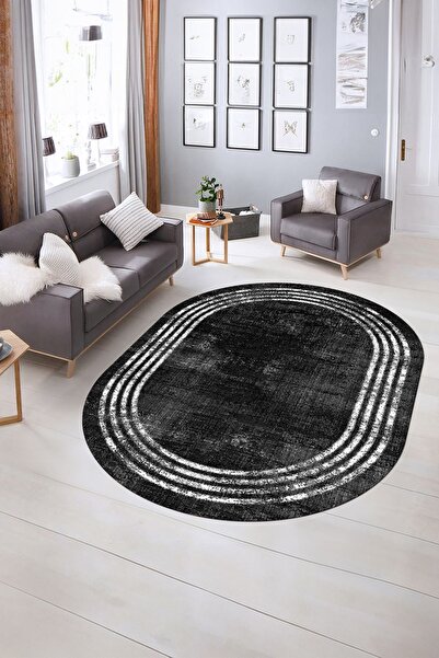 Kilimteks Dijital Kaymaz Yıkanabilir Çerçeveli Oval Yolluk Mutfak Salon Halıs...