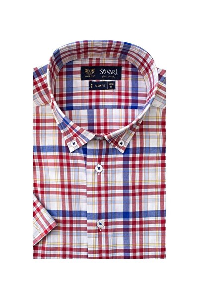 SÜVARİ Süvari Slim Fit Kırmızı Kısa Kollu Erkek Gömlek