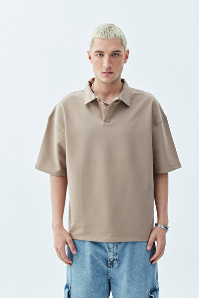 VAMOSCLO تي شيرت أساسي كبير الحجم بياقة بولو-مينك