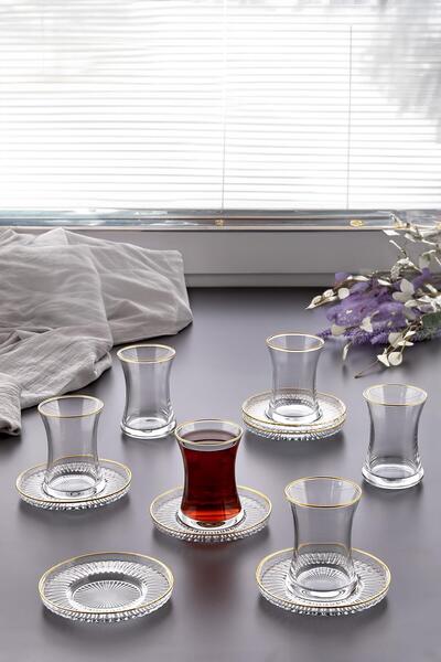 İLİVA Gilt Patterned 12-Piece Tea Cup Set - Elysia Riva Model, 6 Cups and Saucers