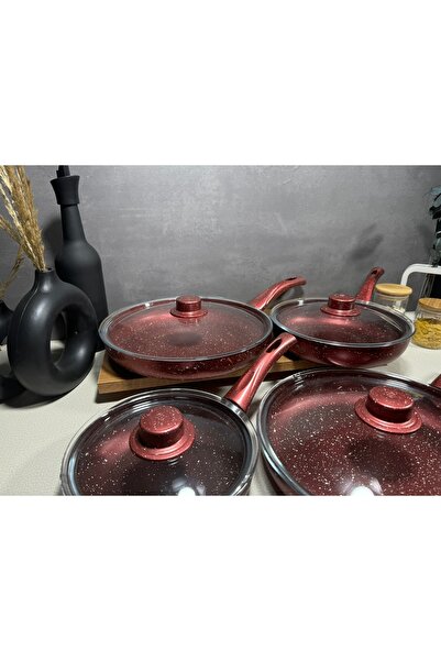 BENA LİFE KIRMIZI GRANİT 4 LÜ CAM KAPAKLI TAVA SETİ