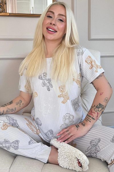 Pijamaevi Gray Bear Pattern - Set de pijamale cu mânecă scurtă tricotată cu lanț pentru femei