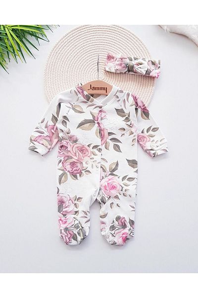 Jammybaby Mabel Digital Floral Print Baby Girl Set - 100% Cotton, Front Snaps Ribbed Romper and Bandana