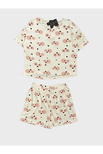 tusem butik homewear Γυναικείο ύφασμα κρεπ - Σετ πιτζάμες με κοντομάνικο σορτς με μοτίβο καρδιάς σε κρεμ χρώμα