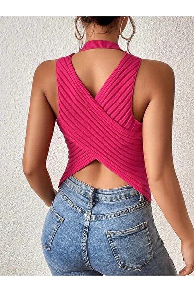 Moda polat Women's Sleeveless Back Cross Detail Knitwear Blouse