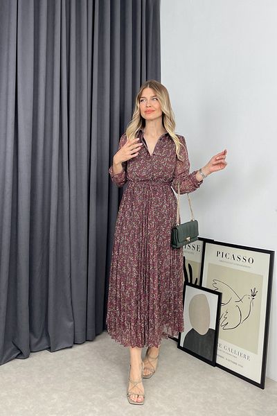 Sue Store Rochie din șifon cu guler cămașă căptușită cu flori prune
