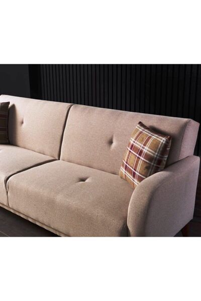 Meşe Home Rinka Süngerli Kollu Bazalı Yataklı Bej Üçlü Koltuk Kanepe Çekyat