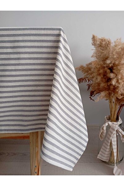 Buldan Beji Keten Gri Çizgili Masa Örtüsü