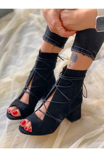 irmona Cizme de vară cu toc de 5 cm SMILE BLACK DANA CU dantelă de piele intoarsa