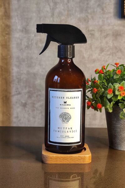 KHAKMA Ahşap Stantlı Sprey Amber Tombul Şişe Mutfak Temizleyici 500ml Beyaz